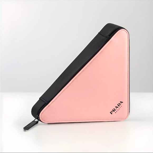 PRADA Triangle Clutch Bag Cosmetic Pouch Pink & Black WITH CHAIN - Picture 2 of 5
